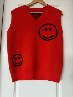 Cider Red Knit Smile Face V-Neck Sweater Vest